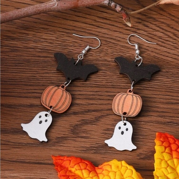 Halloween Pumpkin & Bat Drop Earrings - Picture 2 of 3